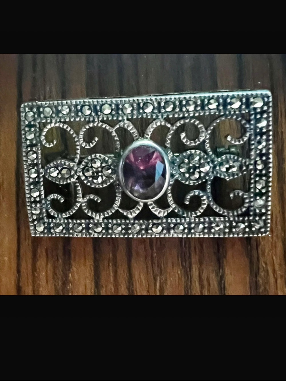 Vintage 925 Art Deco Brooch Pin Amethyst & Marcasite Sterling Silver